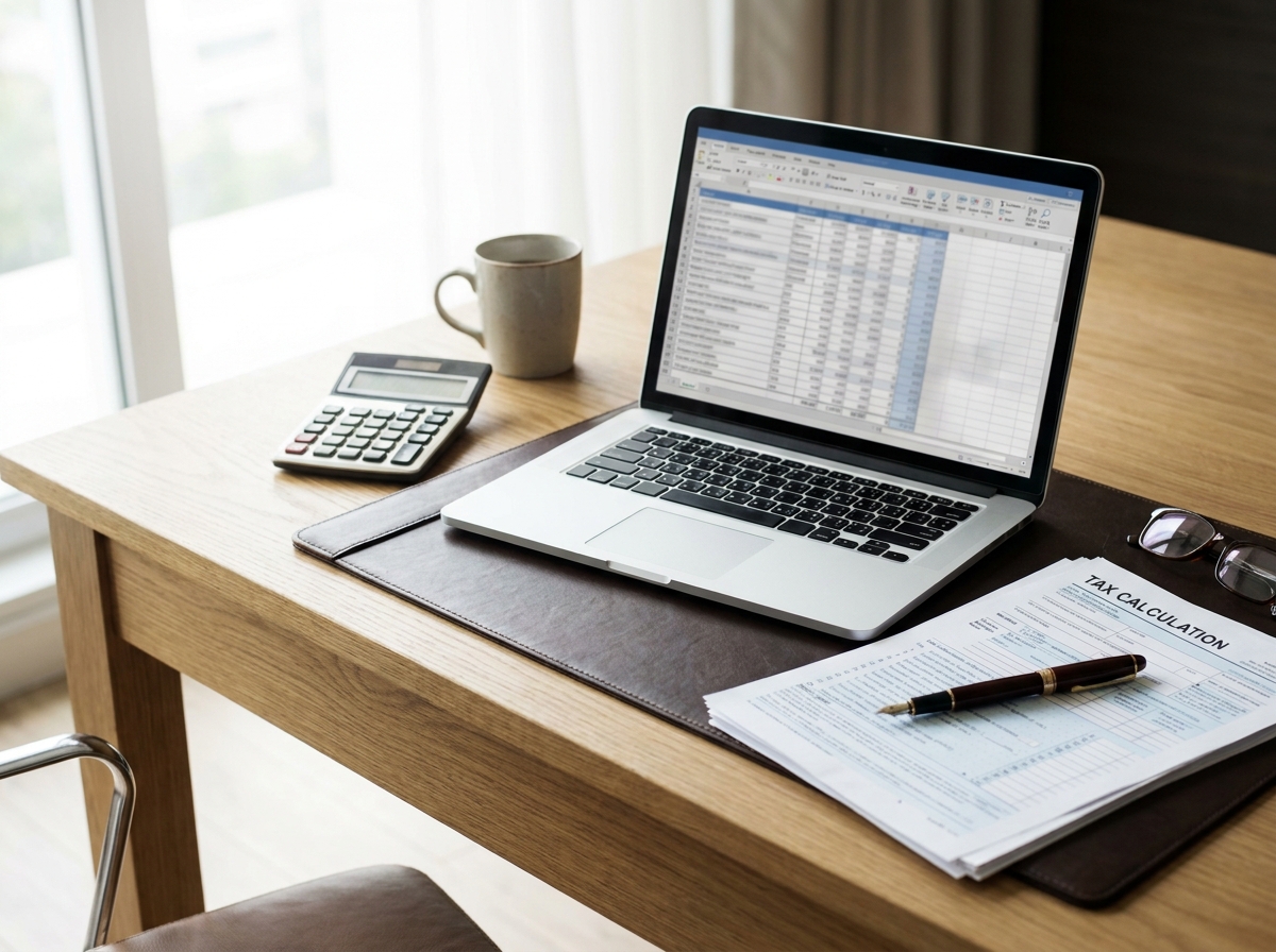 Bureau met laptop en belastingberekening