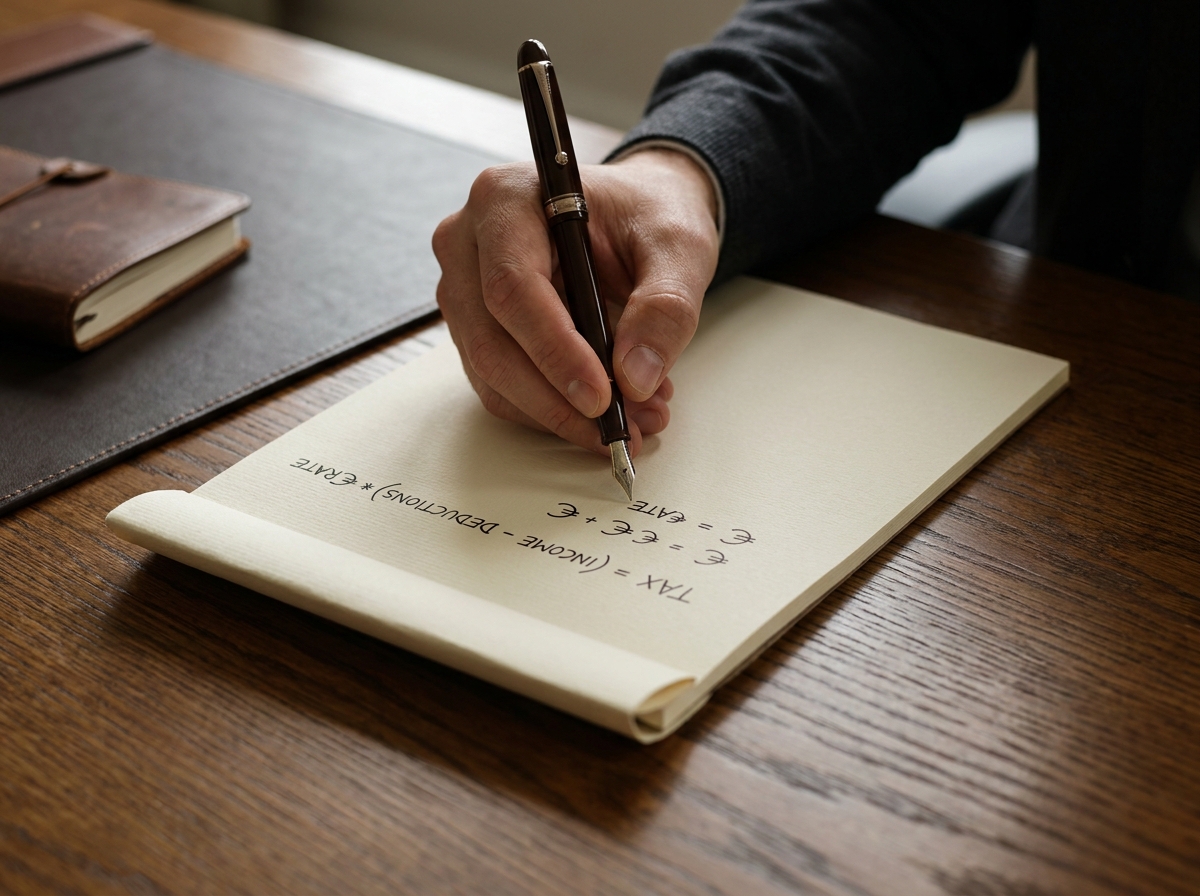Hand schrijft belastingformule op notitieboek