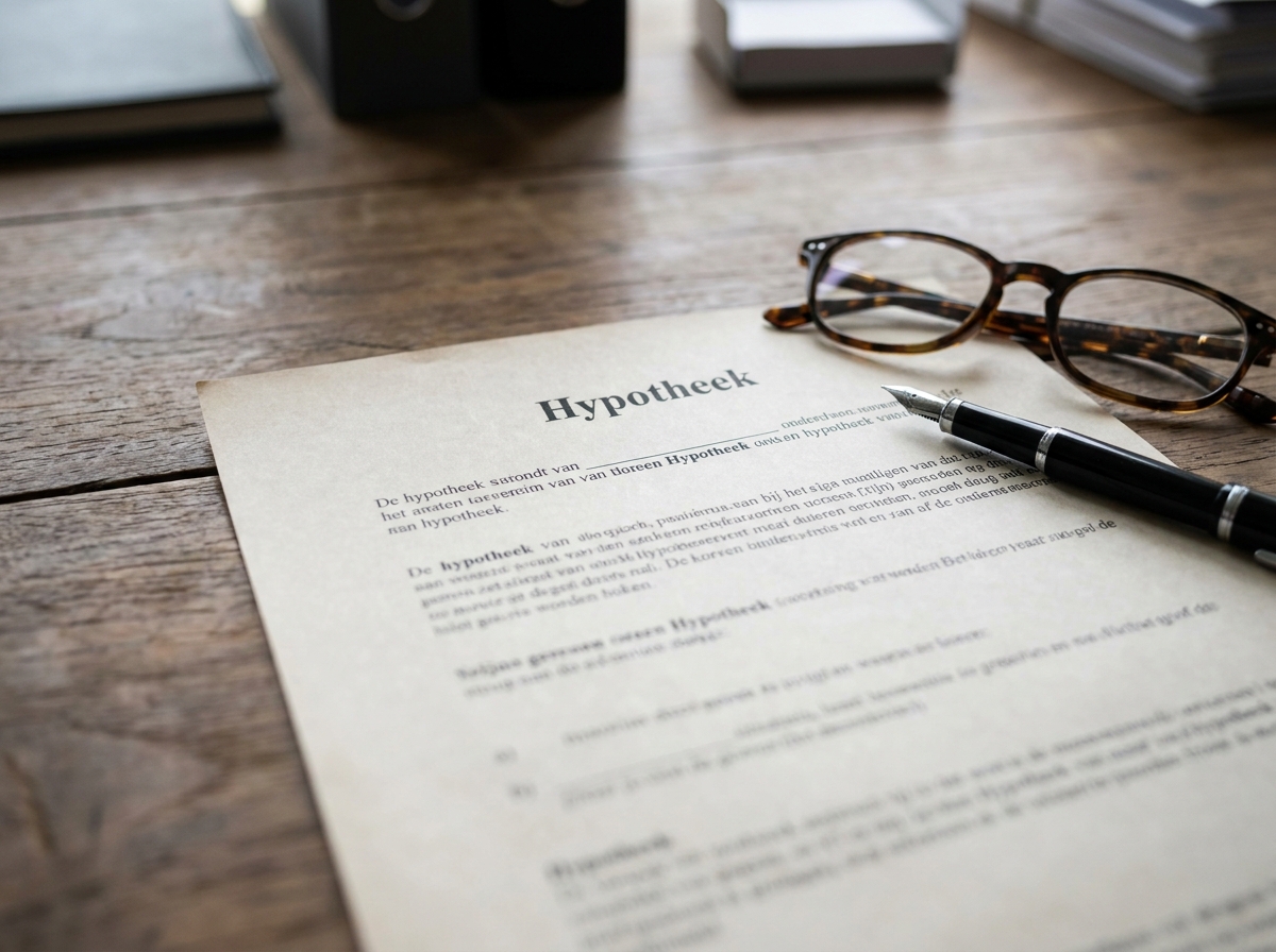Hypotheekdocument met vulpen en bril