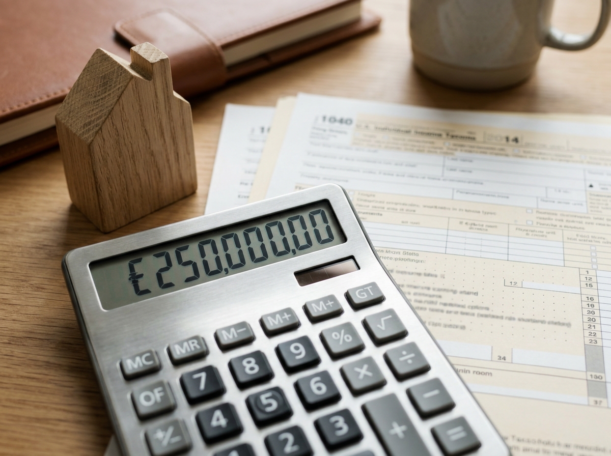 Calculator en huisfiguur op bureau
