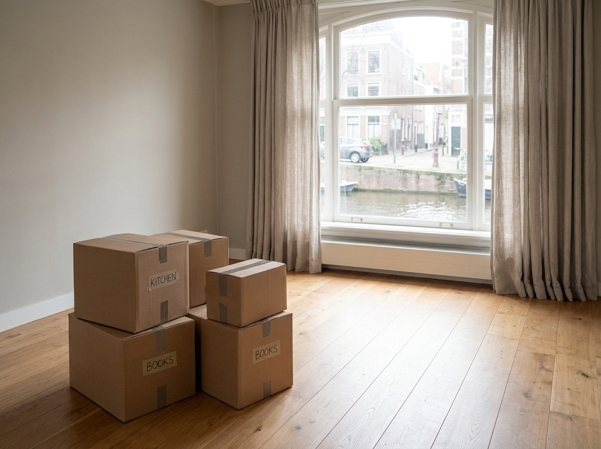 Verhuisdozen in zonovergoten woonkamer